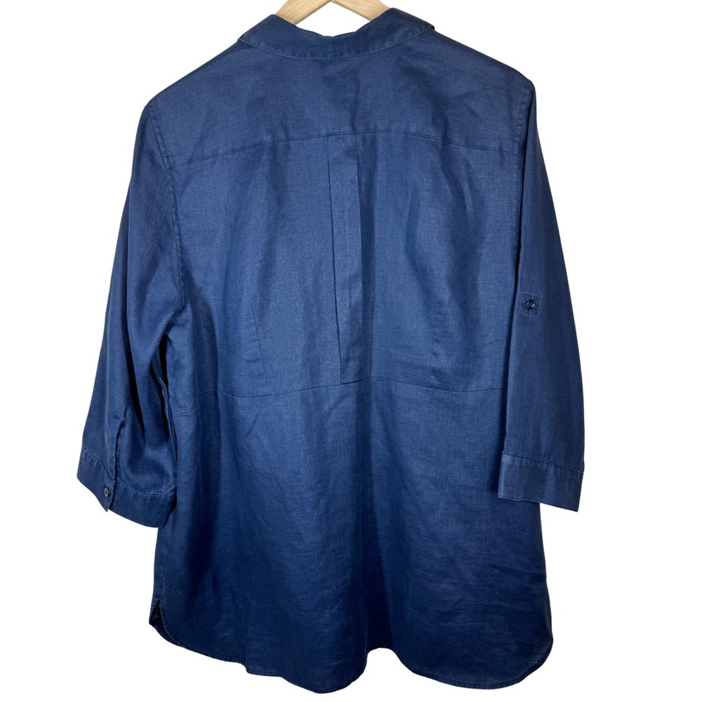 Chico’s 3 Navy Linen Roll Tab Collared Tunic Button Down No Iron Resort Beach - Picture 6 of 9